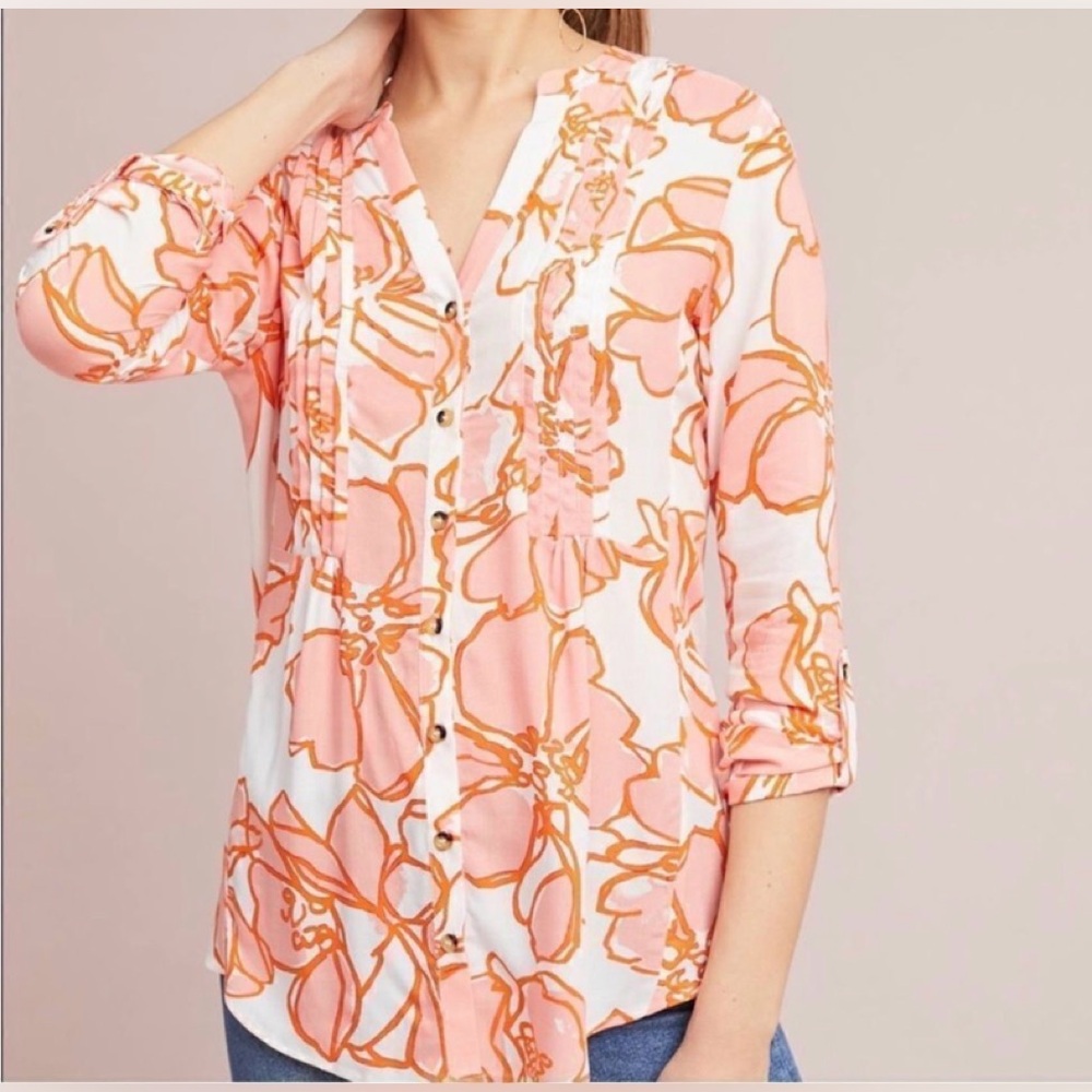 Maeve Pink and Orange tuxedo detail Floral rayon Blouse